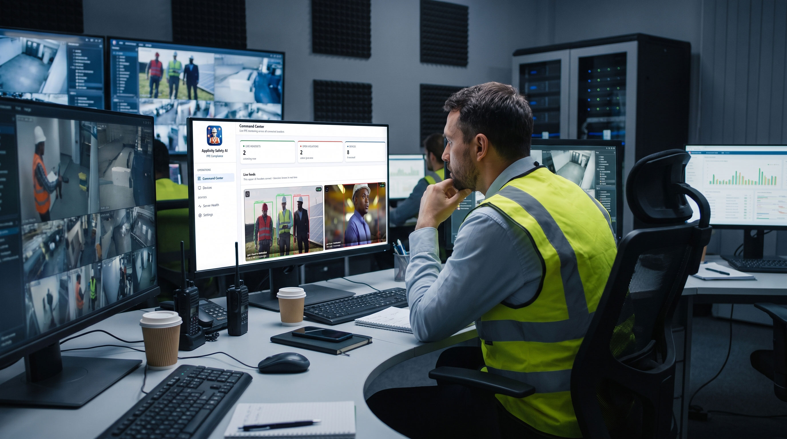 Safety manager monitoring live PPE feeds and the Safety AI command center