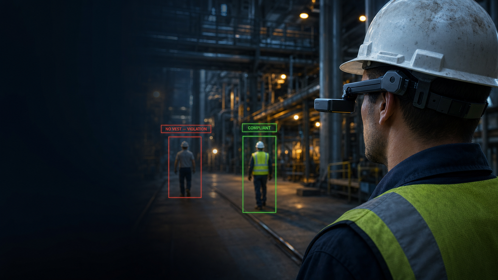 Industrial worker wearing a RealWear headset with live PPE compliance detection