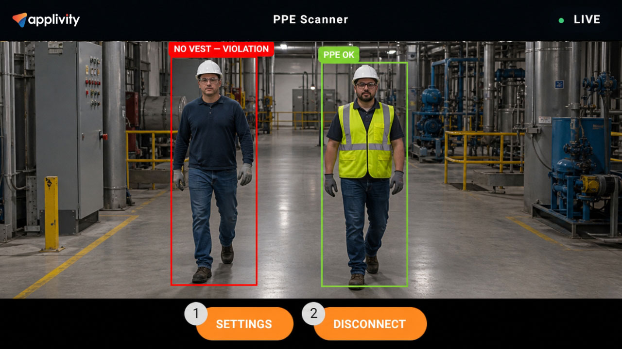 Headset view showing a red NO VEST violation box and a green PPE OK box over two workers