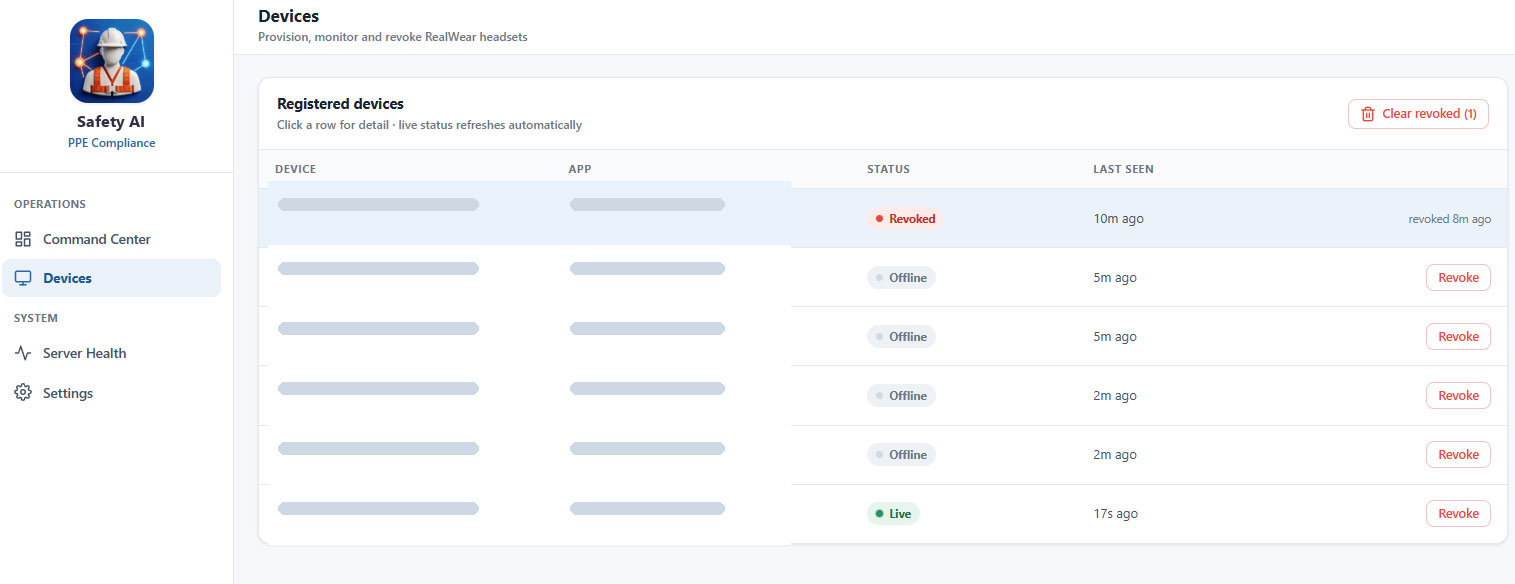Device management screen listing registered headsets with status, last seen and revoke controls