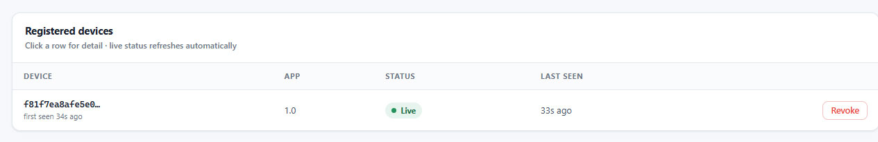 Registered devices list showing headsets with their app version, status and last seen time