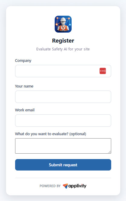 The Request Product Access form with company, name, work email and evaluation fields