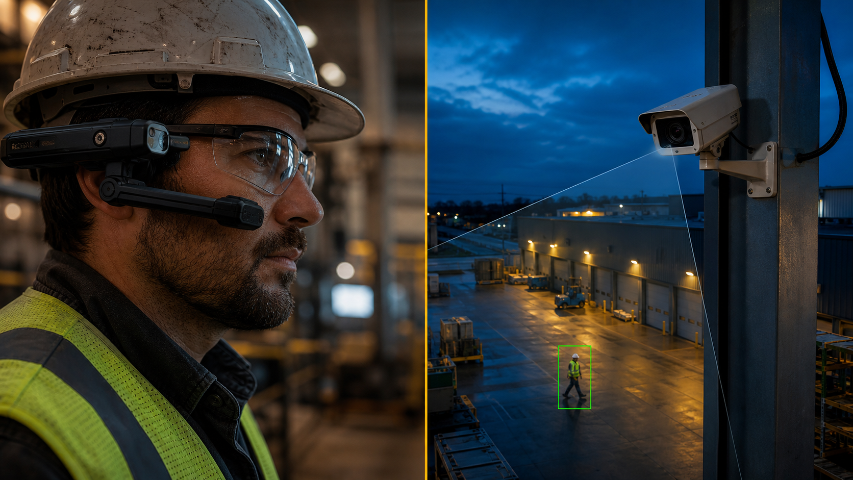 Industrial worker with a RealWear wearable and an IP camera covering a loading bay